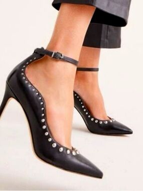 Sam Edelman Helen Studded Ankle Strap Pumps Black Leather Size 9 EUC ♣️